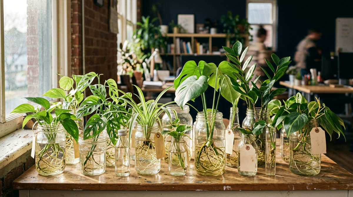 Glass jars of plant cuttings rooting in water on a sunlit office windowsill