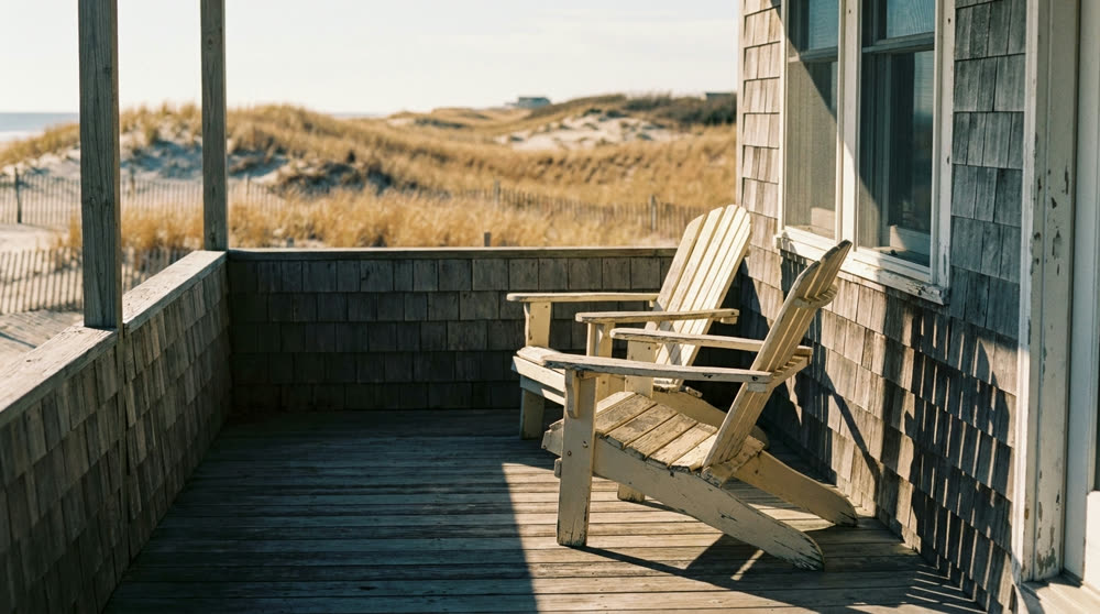 Two empty Adirondack chairs on the weathered porch of a coastal cottage facing the dunes