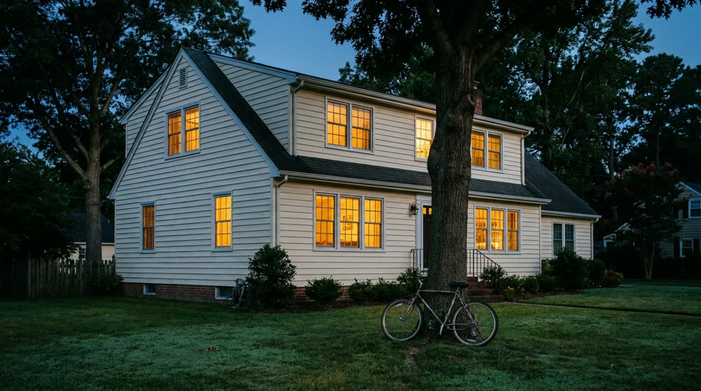 A family home at dusk with warm light in the windows