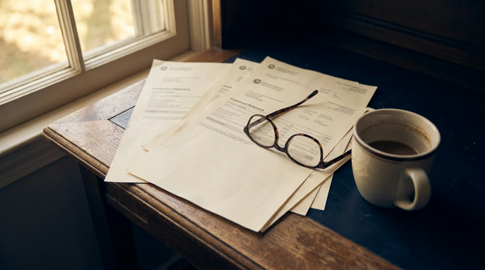 Several printed investment statements fanned out on a desk beside reading glasses and a cup of coffee