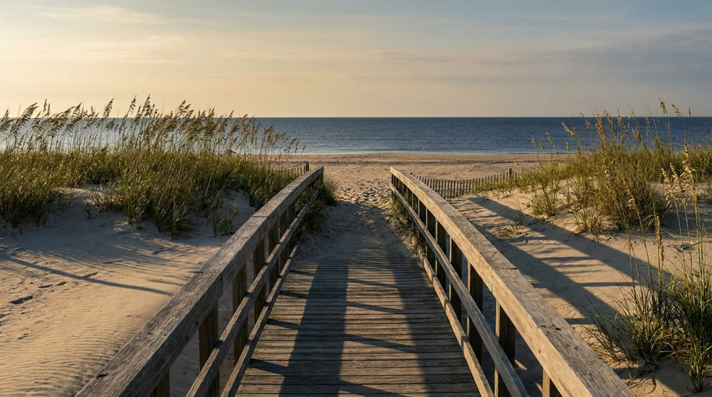 A quiet coastal boardwalk in early morning light