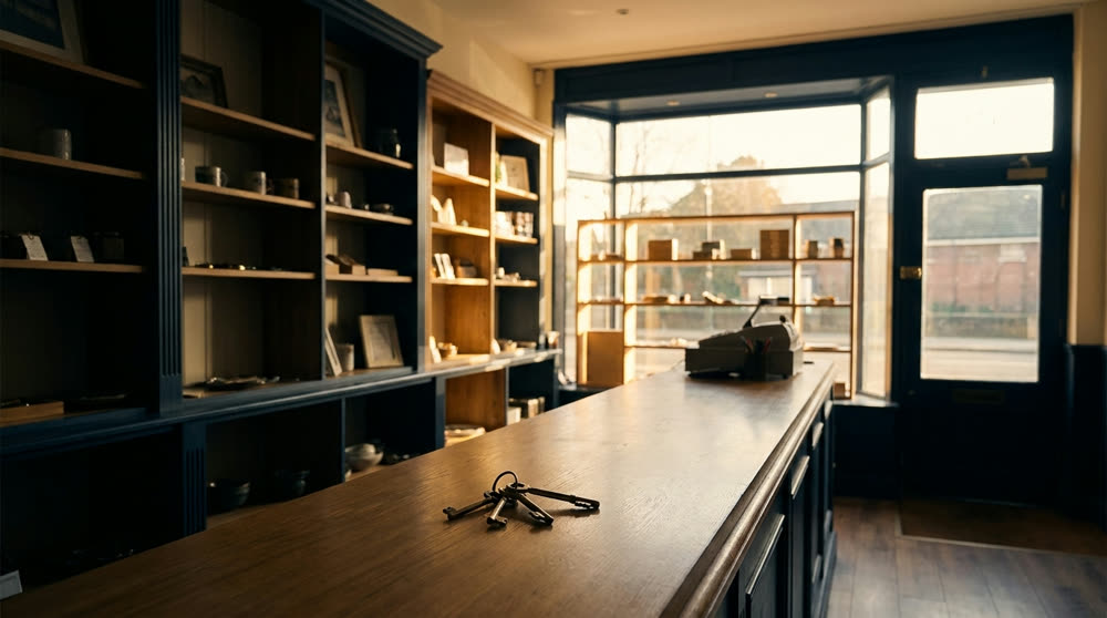 The interior of a small shop closed up at the end of the day, with a set of keys left on the counter