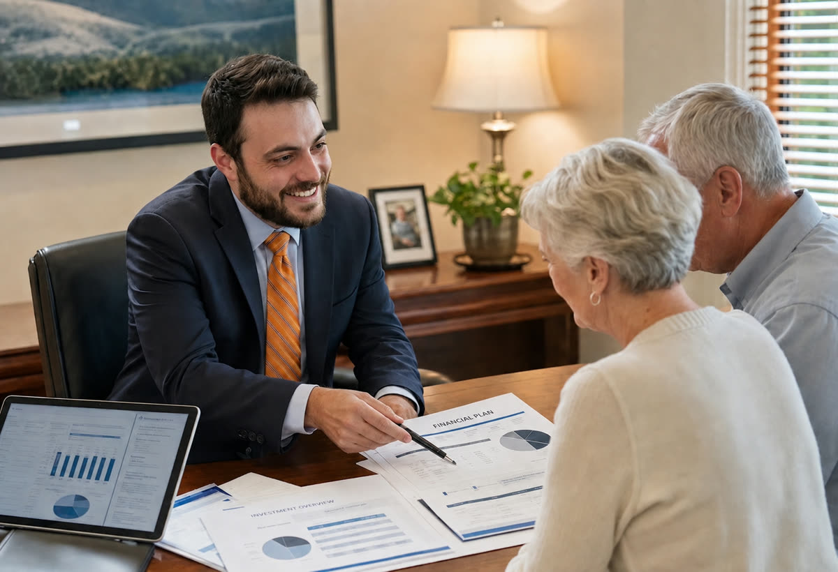 An advisor reviewing a printed financial plan with a couple at a desk
